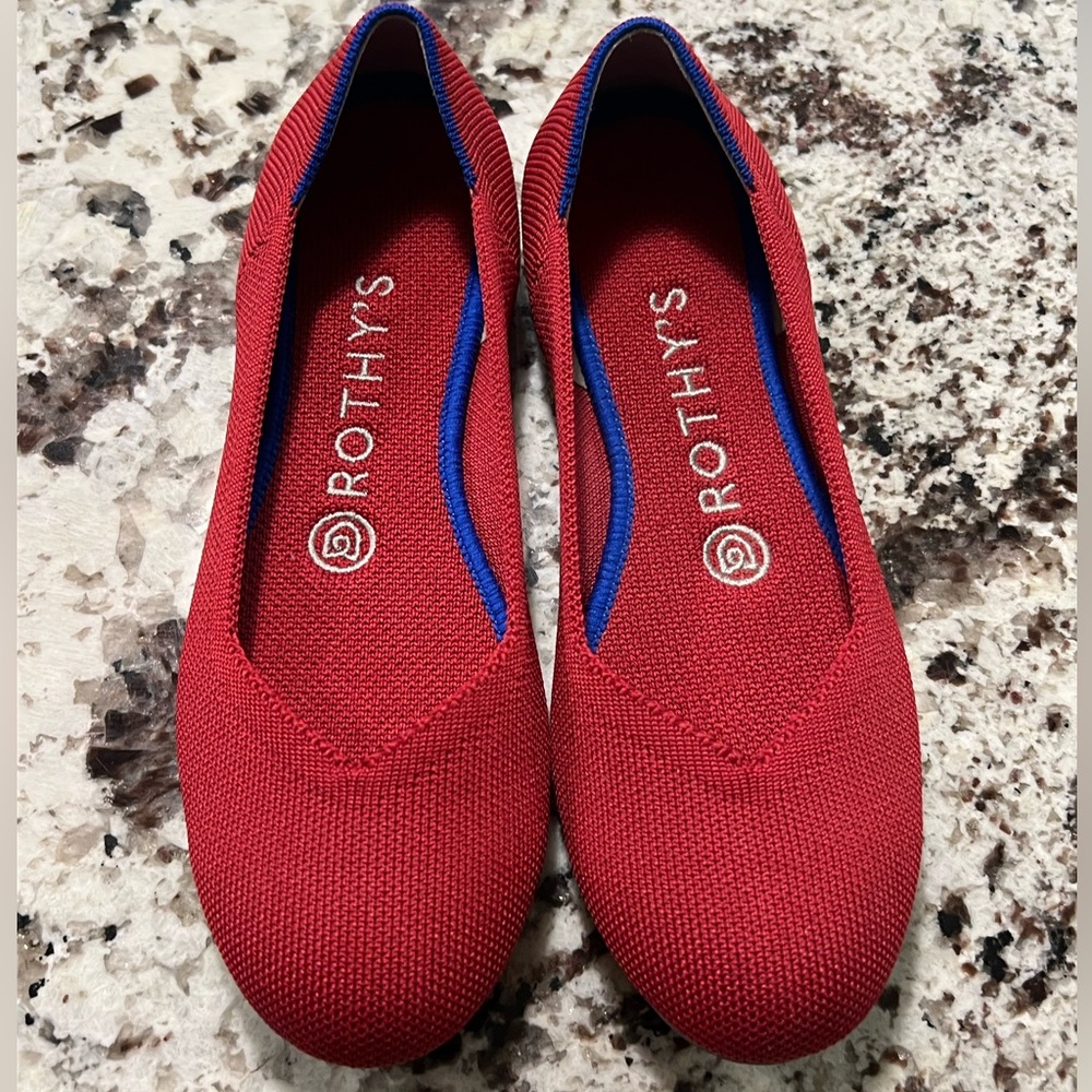 SOLD Rothy's Vibrant Red Flats with Blue Accents